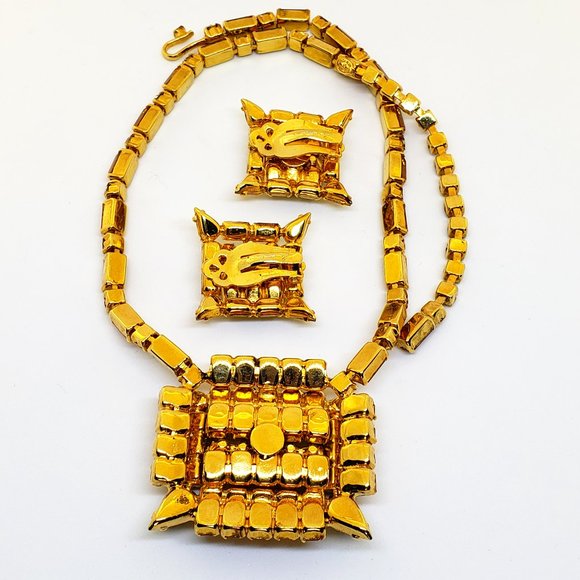Vintage KRAMER OF NEW YORK Art Deco Yellow Orange Rhinestone Necklace Earrings - Picture 5 of 14